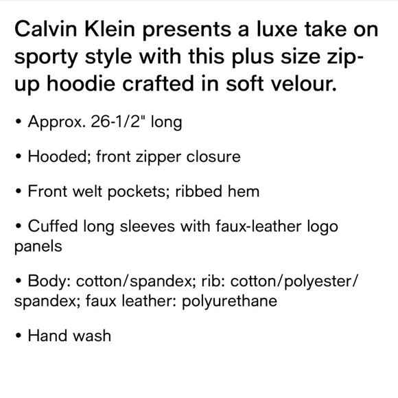 NEW Calvin Klein Plus Size Full Zip Velour Full Zip Sweatshirt Womens 1X $100 - Picture 2 of 2
